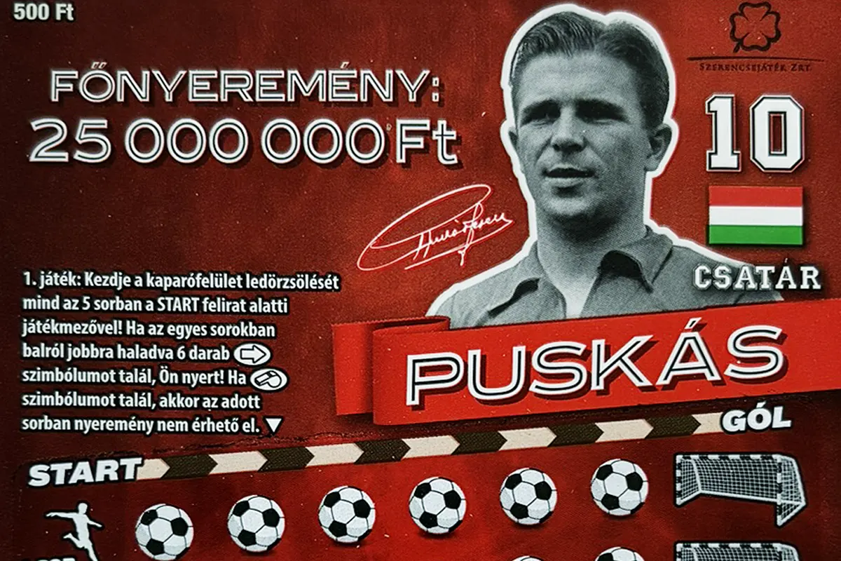 Puskás sorsjegy, 500 forintos kaparós sorsjegy a legendás futballistával, 25 millió forintos főnyereménnyel