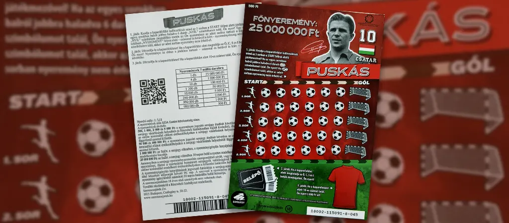 Puskás 500 kaparós sorsjegy, futball témájú hagyományos magyar sorsjegy 25 millió forintos főnyereménnyel