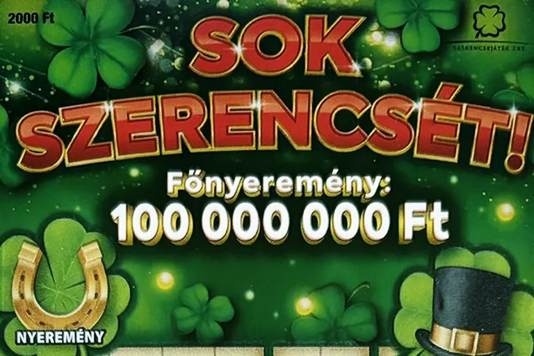Sok szerencsét sorsjegy, zöld lóherés kaparós sorsjegy 100 millió forintos főnyereménnyel, szerencse szimbólumokkal