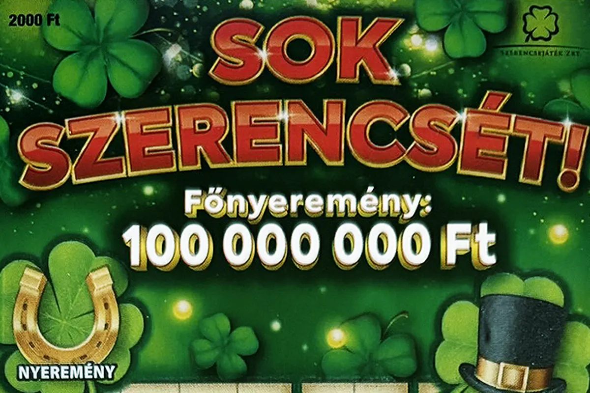 Sok szerencsét sorsjegy, zöld lóherés kaparós sorsjegy 100 millió forintos főnyereménnyel, szerencse szimbólumokkal