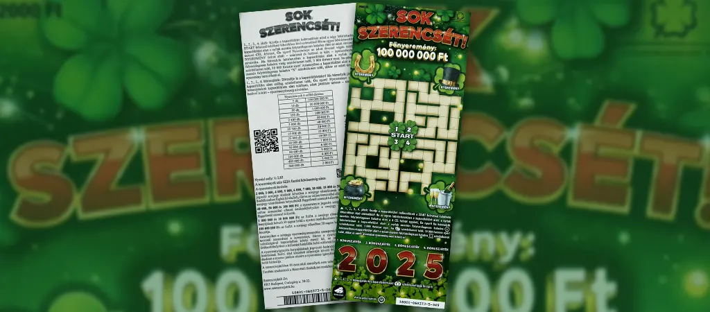 Sok szerencsét kaparós sorsjegy Magyarországról, 100 millió forintos főnyereménnyel és labirintus játékkal