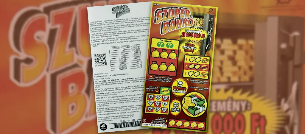 Szuper Bankó kaparós sorsjegy, aranytömbös, pénzes témájú magyar kaparós sorsjegy 25 millió forintos főnyereménnyel