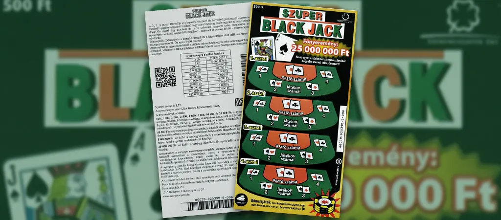 Szuper Black Jack kaparós sorsjegy, kártyajáték témájú hagyományos magyar kaparós sorsjegy 25 millió forintos főnyereménnyel