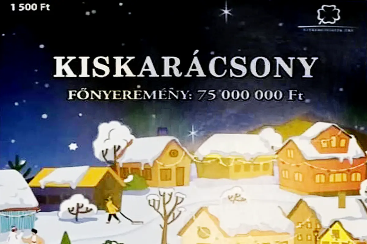 Kiskarácsony 2025 sorsjegy dizájn közelről, havas karácsonyi tájjal és 75 millió Ft főnyereménnyel