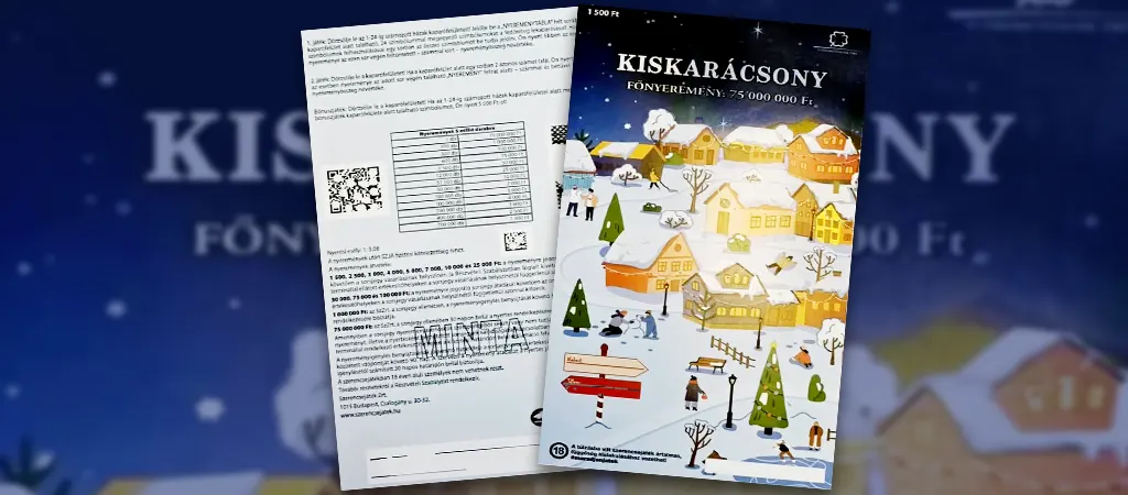 Kiskarácsony 2025 sorsjegy hátlap és előlap bemutatva, téli falusi jelenettel és 75 millió forintos főnyereménnyel