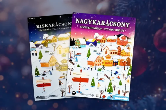 Kiskarácsony 2025 sorsjegy és Nagykarácsony 2025 sorsjegy borító, téli karácsonyi kaparós sorsjegyek havas városképpel és ünnepi grafikával