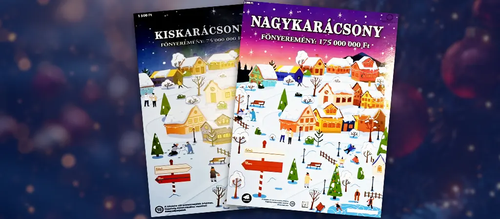 Kiskarácsony és Nagykarácsony 2025 sorsjegy, karácsonyi kaparós sorsjegyek illusztrált téli falus jelenettel, havas házakkal és ünnepi hangulattal