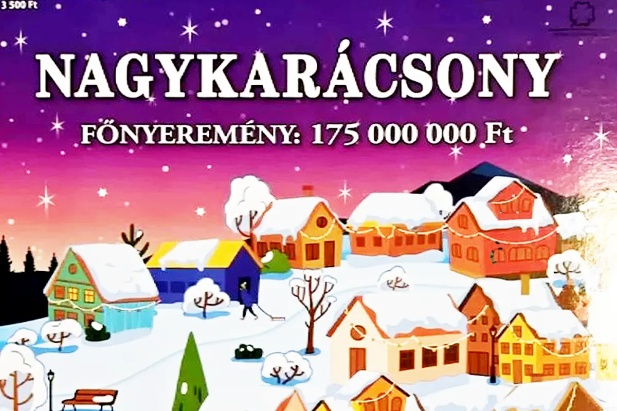 Nagykarácsony 2025 sorsjegy előlap, téli falus jelenet, hófedte házakkal, karácsonyi fényekkel és 175 millió forintos főnyereménnyel