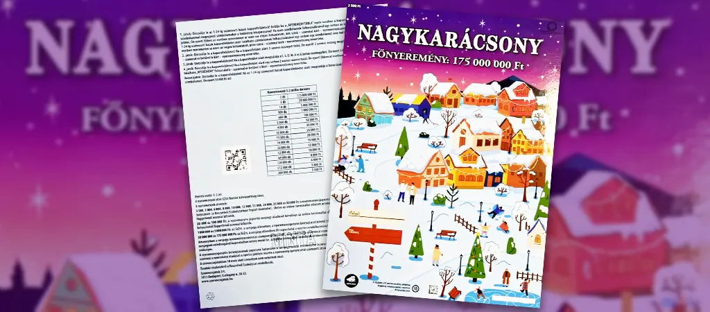 Nagykarácsony 2025 sorsjegy elöl és hátoldal bemutatva, karácsonyi faluképpel és nyereményinformációkkal, ünnepi kaparós sorsjegy grafika