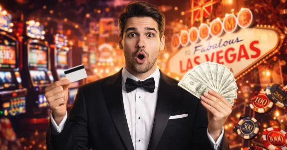 Elegáns öltönyös férfi bankkártyával és pénzköteggel a kezében, online kaszinó háttérrel, befizetés nélküli bónusz és online szerencsejáték témájú kép