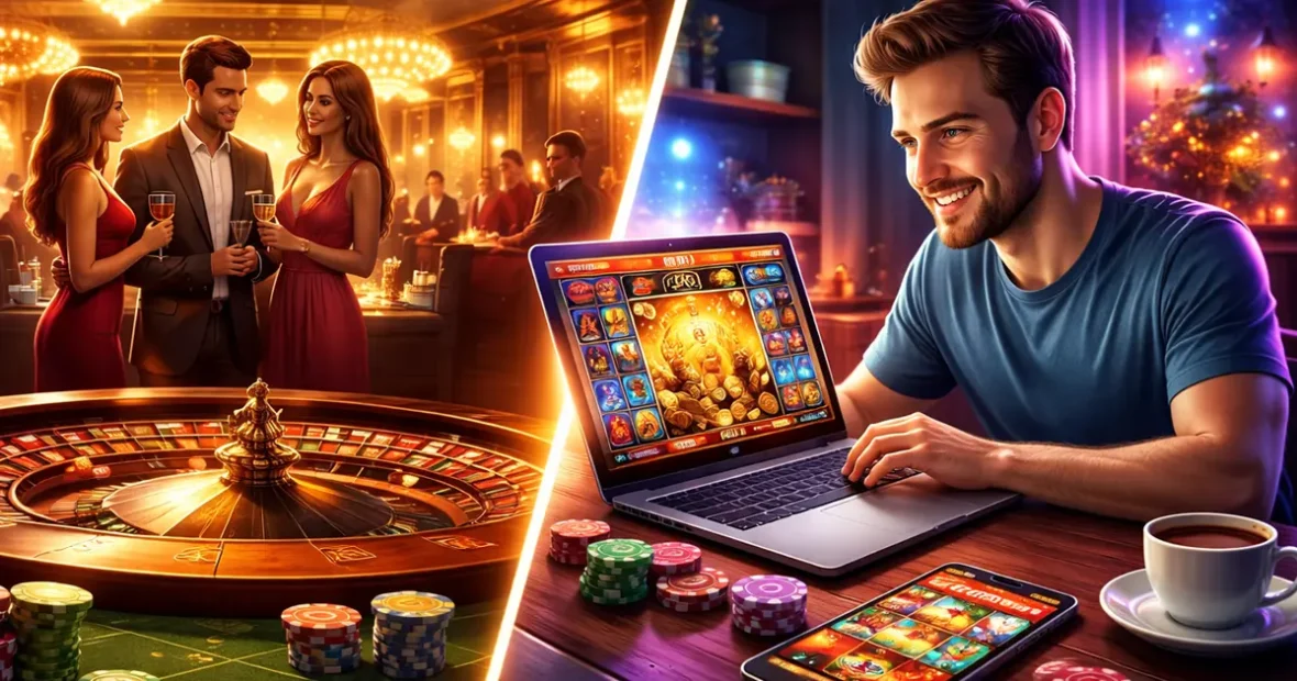 Hagyományos kaszinó és online kaszinó összehasonlítása, elegáns kaszinóterem rulettasztallal szemben otthoni online kaszinó játékkal laptopon