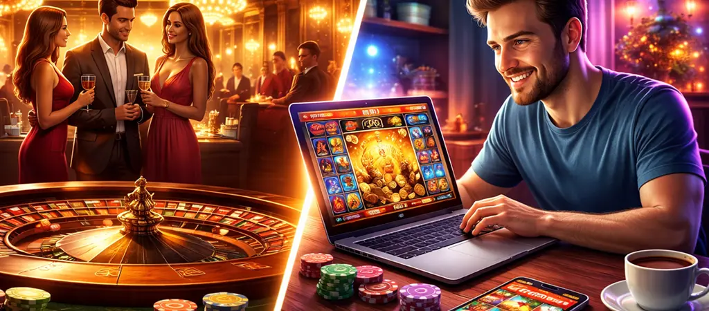 Hagyományos kaszinó élmény és online kaszinó játék bemutatása, rulettasztal társasági környezetben és online nyerőgépek számítógépen