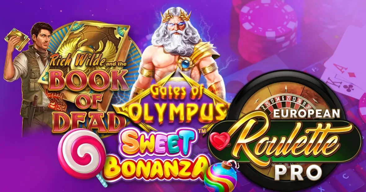 Több népszerű ingyenes, regisztráció nélküli kaszinójáték grafikája egy képen, köztük nyerőgépek és rulett elemek, egységes, látványos kaszinós háttérrel