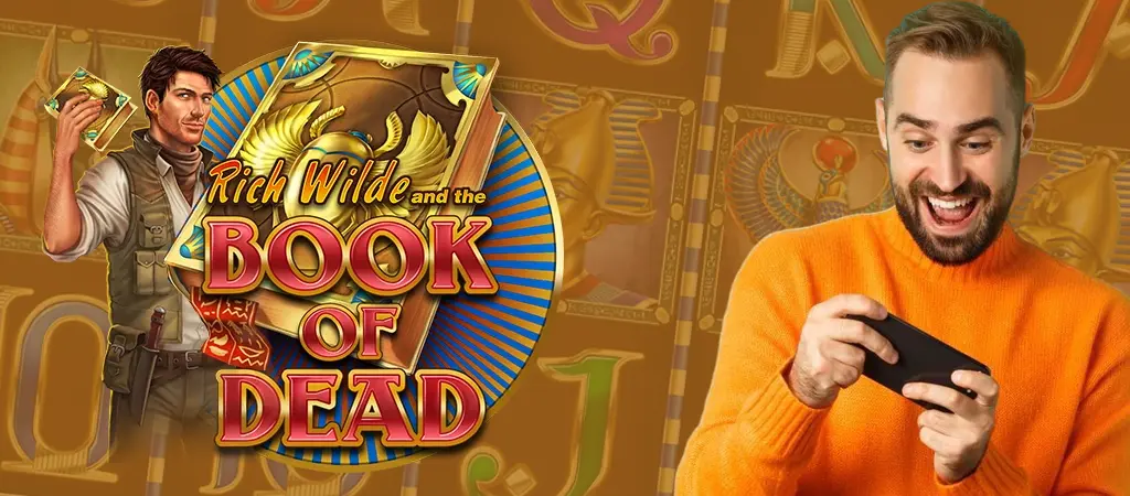 Book of Dead ingyenes, regisztráció nélküli nyerőgép játékképernyője egy játékost ábrázoló grafikával, és arany színvilággal