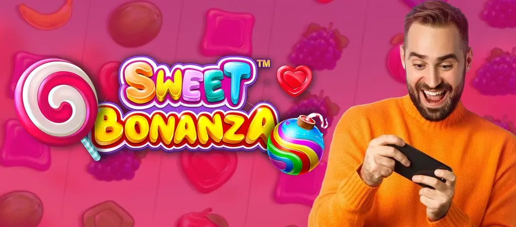 Sweet Bonanza ingyenes nyerőgép színes játékelemei mellett okostelefonon játszó férfi, vidám, élénk színvilágban