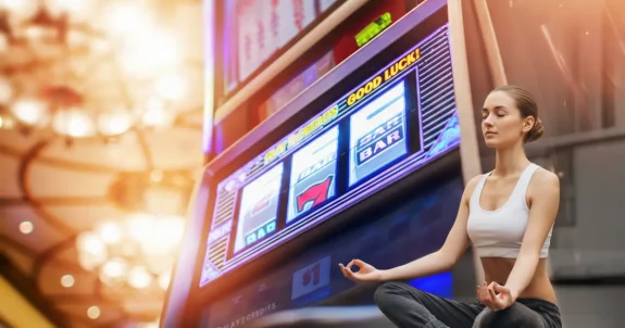 Modern játékgép fényei előtt jógapózban ülő nő, a jóga és a játékgép mint alternatív, szokatlan stresszoldó megoldások bemutatása