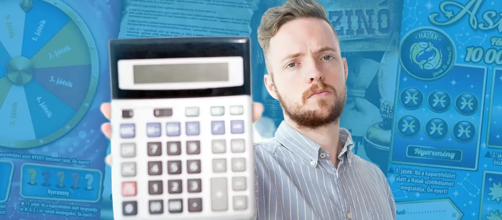 F&eacute;rfi sz&aacute;mol&oacute;g&eacute;pet tart a kamera fel&eacute;, m&ouml;g&ouml;tte kapar&oacute;s sorsjegyek grafik&aacute;i k&eacute;k h&aacute;tt&eacute;rben