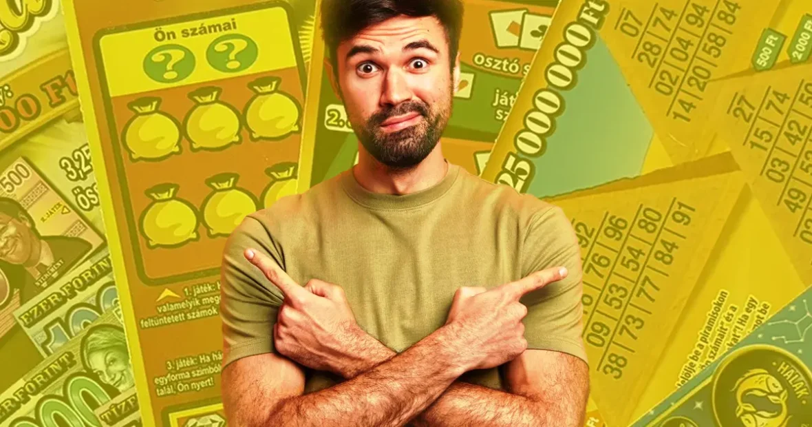 Döntés előtt álló férfi a legjobb kaparós sorsjegyekkel teli háttér előtt, amelyek különböző nyereményeket kínálnak