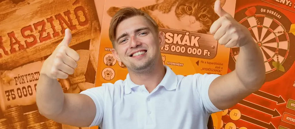 Pozit&iacute;van mosolyg&oacute; f&eacute;rfi h&uuml;velykujj&aacute;t felmutatva, a legjobb kapar&oacute;s sorsjegyekkel a h&aacute;tt&eacute;rben, kezdő j&aacute;t&eacute;kosok hangulat&aacute;t t&uuml;kr&ouml;zve