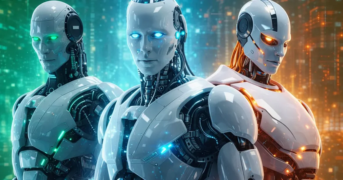 Három mesterséges intelligencia vizuális ábrázolása futurisztikus humanoid robotként, ChatGPT, Gemini és DeepSeek színeivel, cyberpunk digitális környezetben