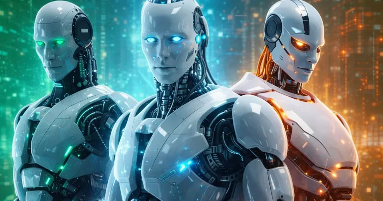 Három mesterséges intelligencia vizuális ábrázolása futurisztikus humanoid robotként, ChatGPT, Gemini és DeepSeek színeivel, cyberpunk digitális környezetben