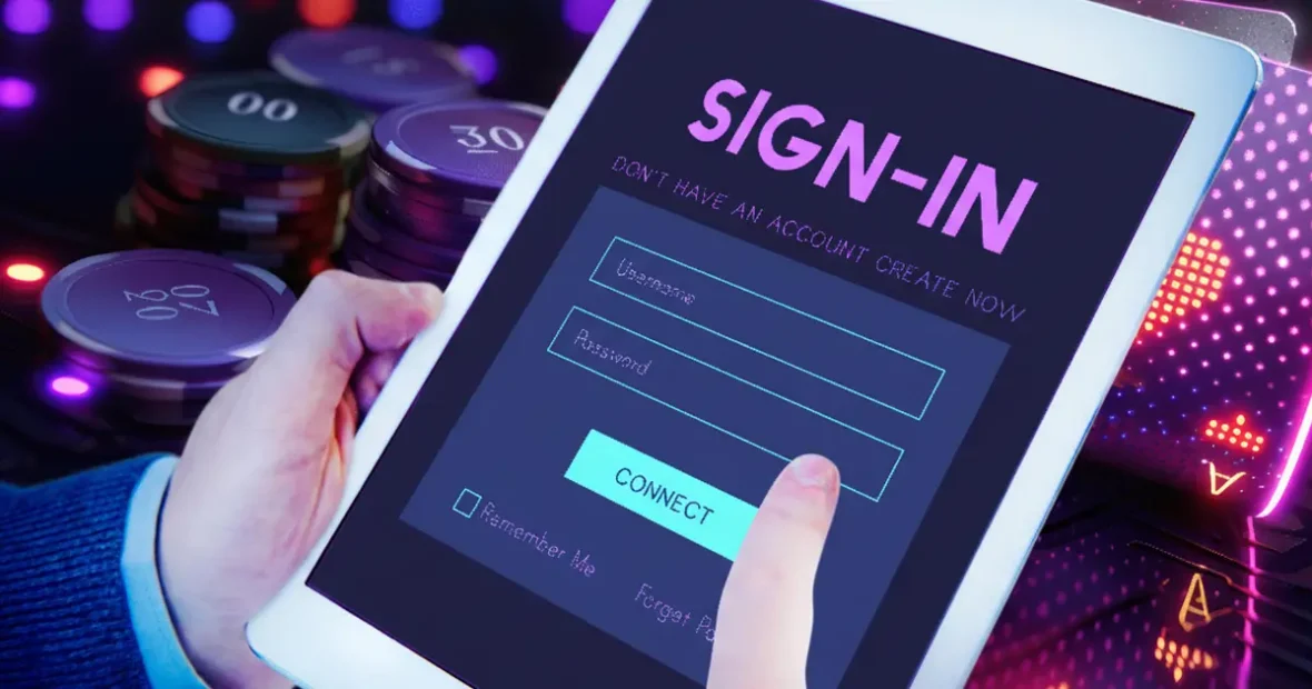 Online kaszinó regisztrációs felület tableten, játékgép hangulatú környezetben, kezdőknek szóló útmutató vizuális illusztrációja