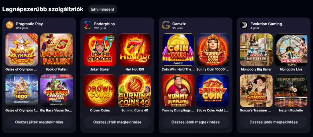 Yep Casino játék szolgáltatók, Pragmatic Play, Endorphina, Gamzix és Evolution Gaming kínálata Magyarországon