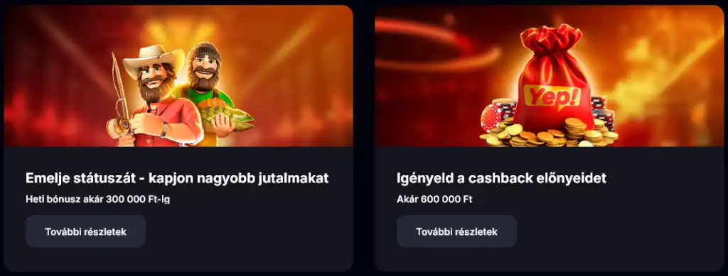 Yep Casino hűségprogram és cashback bónuszok, extra jutalmak aktív magyar online kaszinó játékosoknak