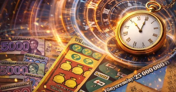 Kapar&oacute;s sorsjegyek &eacute;s klasszikus zseb&oacute;ra időspir&aacute;l effektussal, amely a nyerem&eacute;ny bev&aacute;lt&aacute;si hat&aacute;ridej&eacute;re &eacute;s annak szab&aacute;lyaira utal