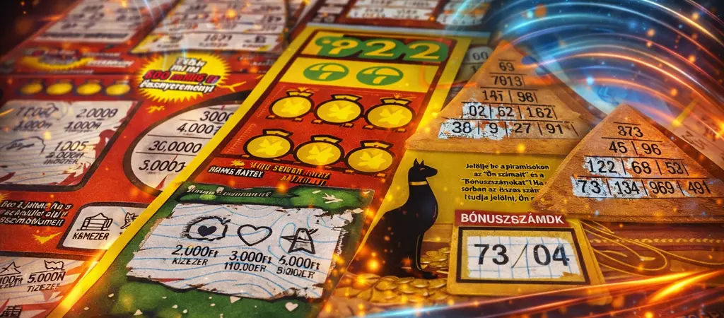 K&uuml;l&ouml;nb&ouml;ző magyar kapar&oacute;s sorsjegyek egym&aacute;s mellett, nyerem&eacute;nymezőkkel &eacute;s b&oacute;nuszj&aacute;t&eacute;kokkal, amelyek bemutatj&aacute;k a sorsjegyek rendszer&eacute;t &eacute;s bev&aacute;lt&aacute;si hat&aacute;ridej&eacute;t