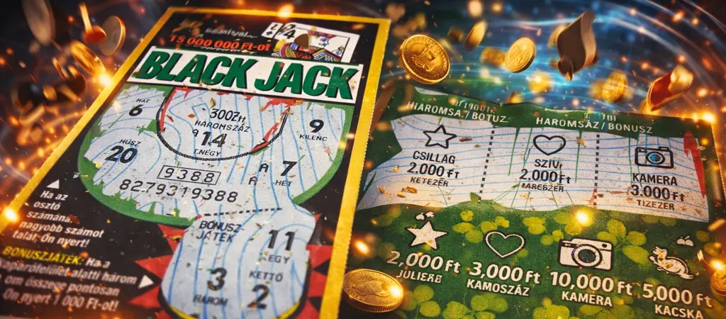 Blackjack t&eacute;m&aacute;j&uacute; kapar&oacute;s sorsjegy k&ouml;zelről, k&uuml;l&ouml;nb&ouml;ző nyerem&eacute;nymezőkkel &eacute;s arany &eacute;rm&eacute;kkel, amelyek a nyer&eacute;si es&eacute;lyeket &eacute;s a sorsjegyek műk&ouml;d&eacute;s&eacute;t szeml&eacute;ltetik
