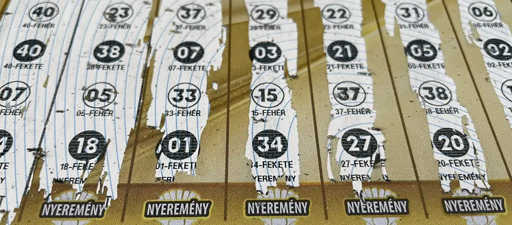 Kapar&oacute;s sorsjegy lekapart mezőkkel, amelyek a lehets&eacute;ges nyerem&eacute;nyeket mutatj&aacute;k meg