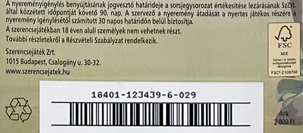 Kapar&oacute;s sorsjegy h&aacute;toldala sorozatsz&aacute;mmal &eacute;s vonalk&oacute;ddal