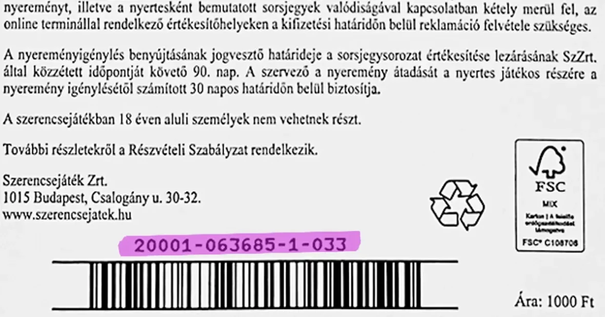 Kaparós sorsjegy hátoldala vonalkóddal és kiemelt sorozatszámmal, nyomtatott tájékoztató szövegek mellett