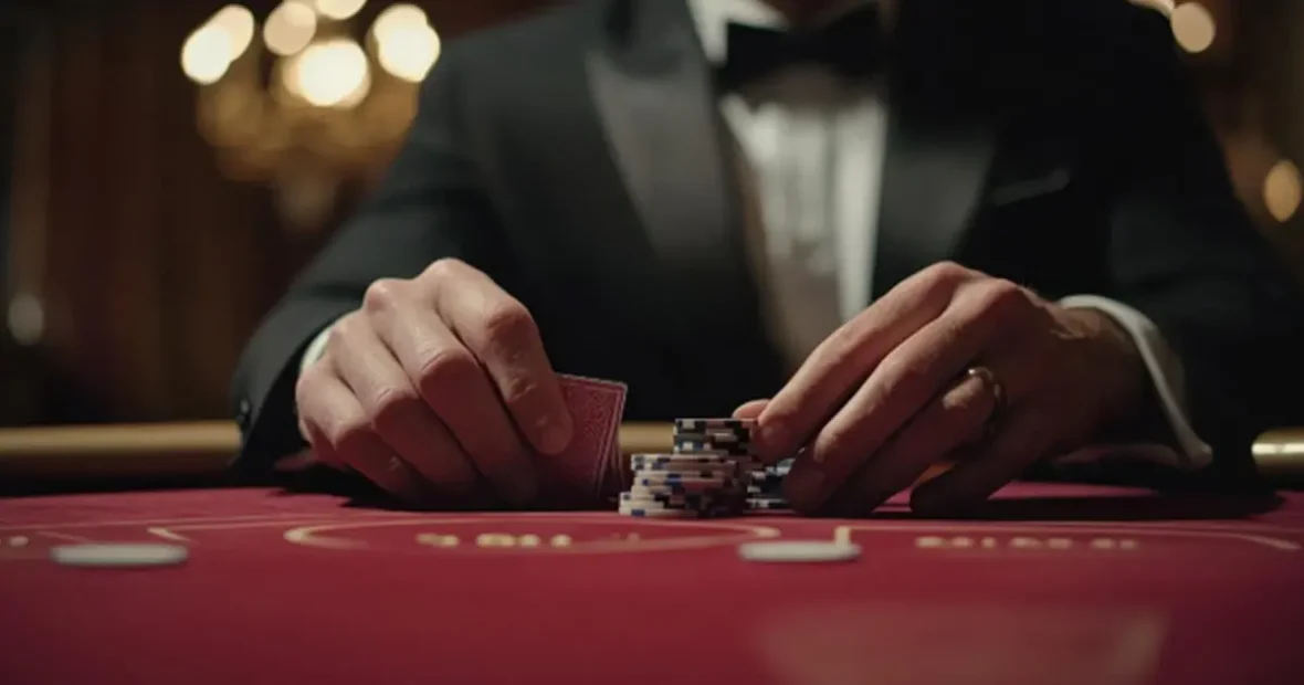 Elegáns öltönyös pókerjátékos zsetonokat rendez a kaszinóasztalon játék közben