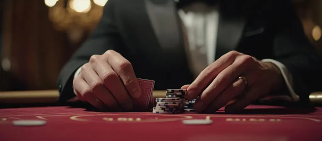 Pókerparti közben kártyáit néző játékos kezei kaszinó környezetben