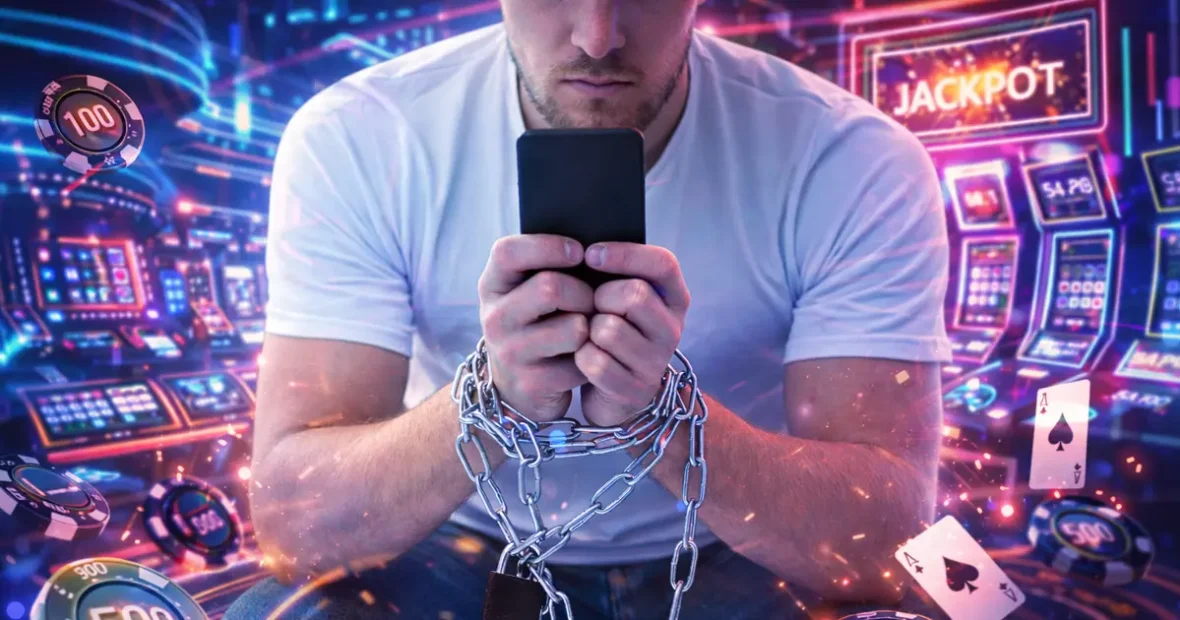 Szerencsejáték függőség szimbolikus ábrázolása, online kaszinó játékos kontrollvesztése és pénzügyi veszélyek