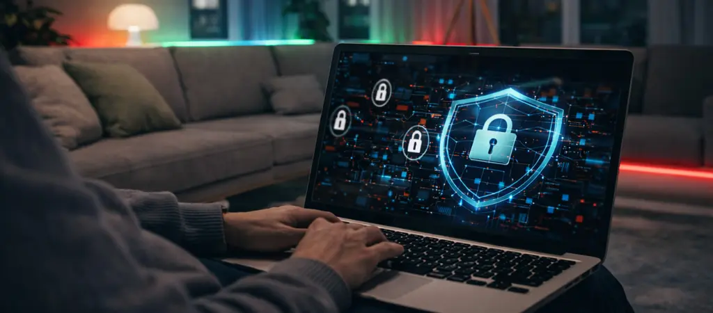 Laptop k&eacute;pernyőn digit&aacute;lis lakat ikon, az online kaszin&oacute;k adatv&eacute;delm&eacute;nek &eacute;s biztons&aacute;g&aacute;nak szeml&eacute;ltet&eacute;se