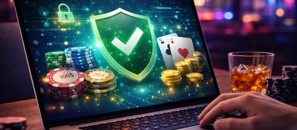 Laptop k&eacute;pernyőn biztons&aacute;gi pajzs ikon &eacute;s kaszin&oacute; elemek, biztons&aacute;gos online kaszin&oacute; magyar j&aacute;t&eacute;kosoknak