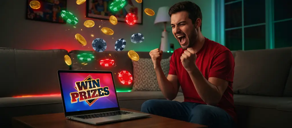 J&aacute;t&eacute;kos laptopon nyerem&eacute;nyt &uuml;nnepel zsetonokkal &eacute;s &eacute;rm&eacute;kkel, online kaszin&oacute; b&oacute;nuszok &eacute;s nyerem&eacute;nyek illusztr&aacute;ci&oacute;ja