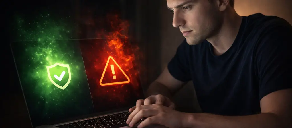 Laptop k&eacute;pernyőn z&ouml;ld biztons&aacute;gi ikon &eacute;s piros figyelmeztet&eacute;s, leg&aacute;lis &eacute;s illeg&aacute;lis online kaszin&oacute;k k&ouml;z&ouml;tti k&uuml;l&ouml;nbs&eacute;g