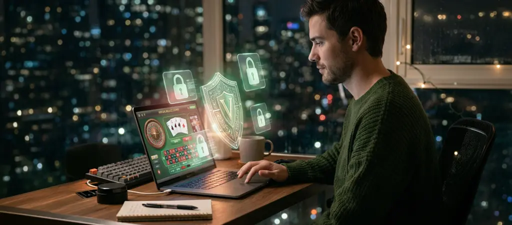 Felhaszn&aacute;l&oacute; laptopon online kaszin&oacute; oldalt haszn&aacute;l, digit&aacute;lis lakat ikonok jelzik a leg&aacute;lis műk&ouml;d&eacute;st, a biztons&aacute;got &eacute;s a j&aacute;t&eacute;kosv&eacute;delmet