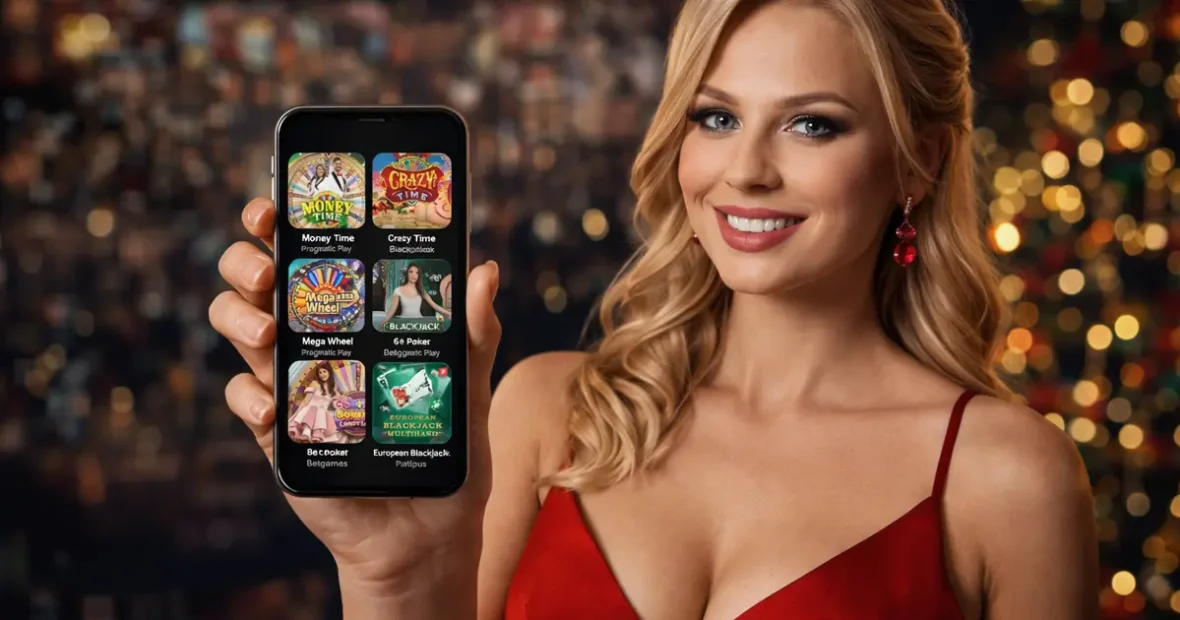 Nő mobiltelefonon élő kaszinó játékokat mutat, magyar online kaszinó népszerű játékaival