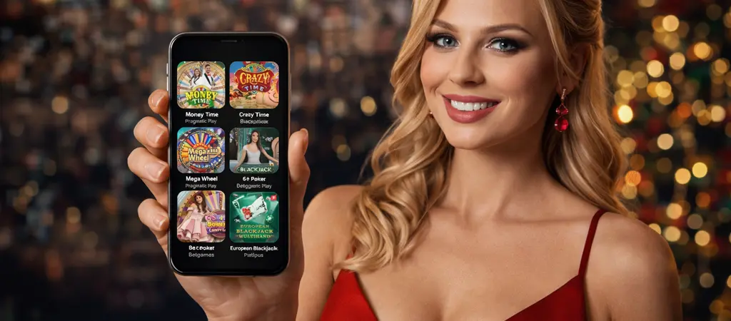 Mosolyg&oacute; nő telefonon online kaszin&oacute; j&aacute;t&eacute;k k&iacute;n&aacute;latot mutat meg, &eacute;lő kaszin&oacute; j&aacute;t&eacute;kok magyar online kaszin&oacute; oldalon