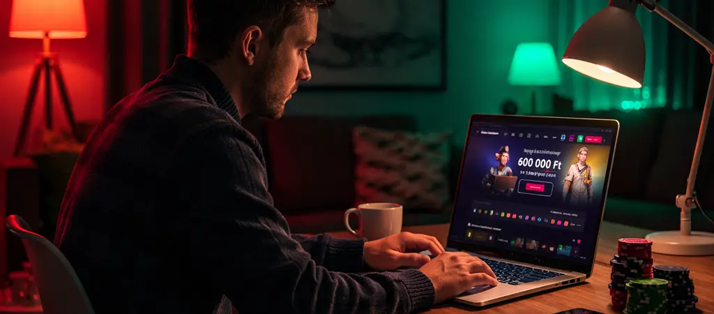 J&aacute;t&eacute;kos magyar nyelvű online kaszin&oacute; oldalt haszn&aacute;l laptopon otthoni k&ouml;rnyezetben