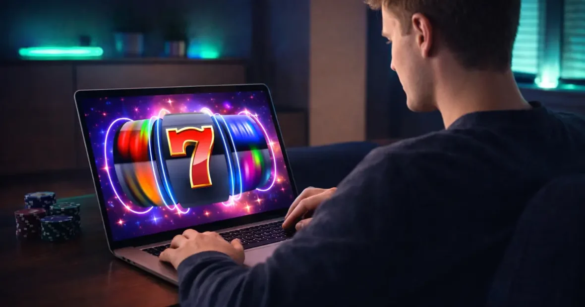 Férfi laptopon online nyerőgépen játszik, online kaszinó kezdőknek útmutató témában