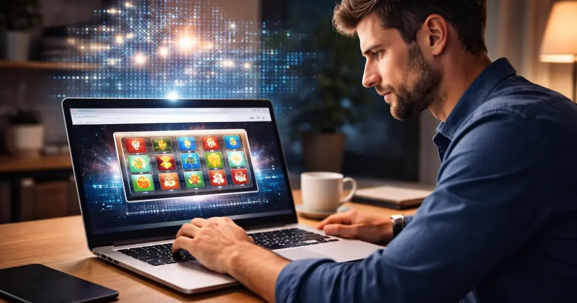 Online kaszinó játékok laptopon digitális háttérrel, RNG jelentése és működése témában