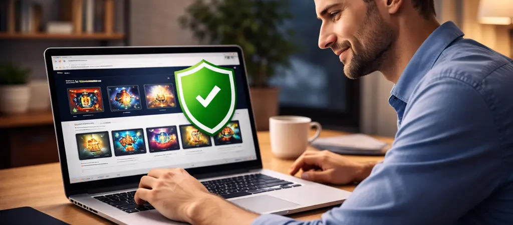 F&eacute;rfi laptopon online kaszin&oacute; j&aacute;t&eacute;kokat n&eacute;z, biztons&aacute;got jelző pajzs ikonnal &eacute;s RNG manipul&aacute;l&aacute;s k&eacute;rd&eacute;s&eacute;vel