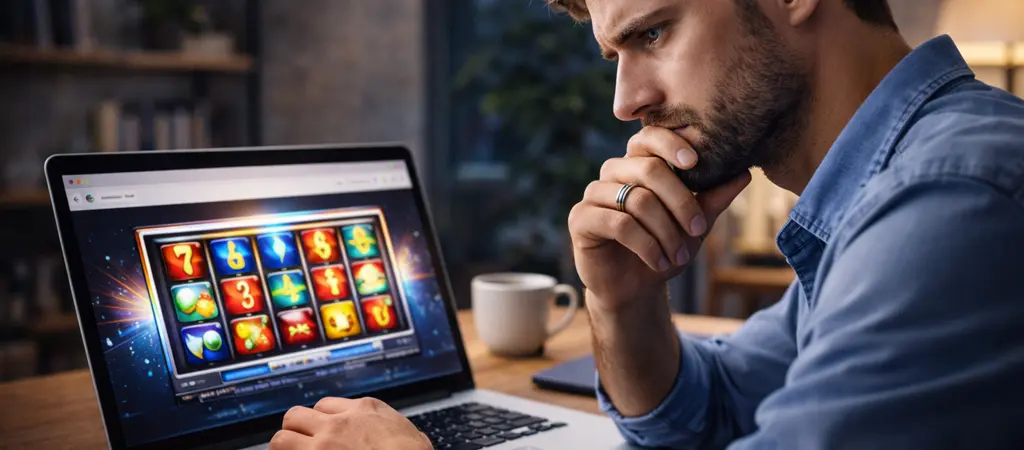 F&eacute;rfi koncentr&aacute;ltan n&eacute;zi a laptopon fut&oacute; nyerőg&eacute;pet, RNG alap&uacute; fair j&aacute;t&eacute;k műk&ouml;d&eacute;se online kaszin&oacute;ban