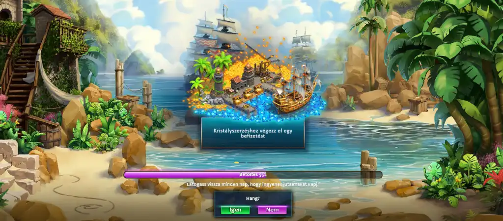 Royal Sea online kaszin&oacute; city builder j&aacute;t&eacute;kmenet tr&oacute;pusi szigettel, kik&ouml;tő fejleszt&eacute;ssel &eacute;s krist&aacute;ly jutalom lehetős&eacute;ggel